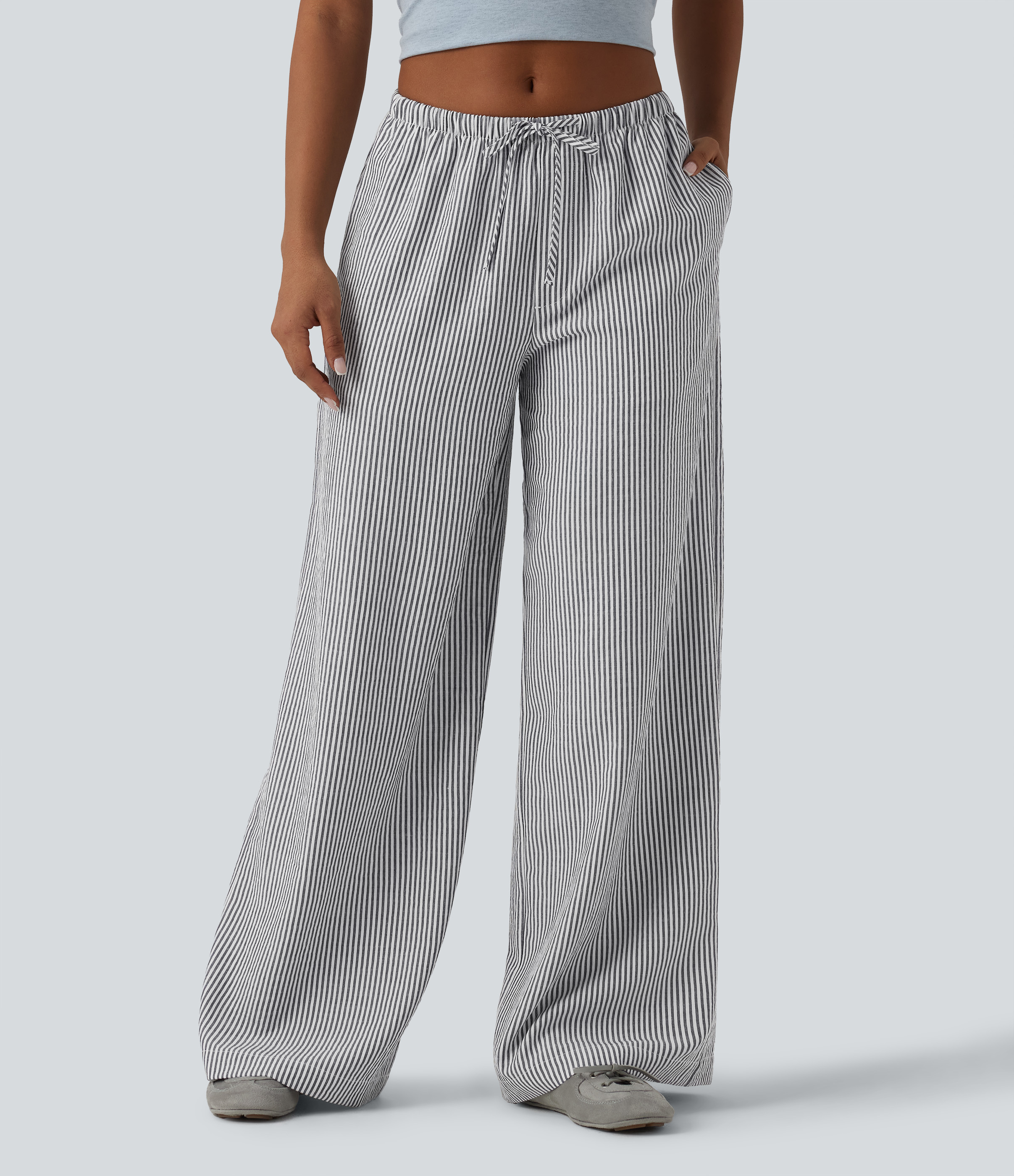 Halara Low Rise Drawstring Stripes Linen-Feel Casual Baggy Trousers with Pockets - Nimbus Cloud - XLregular