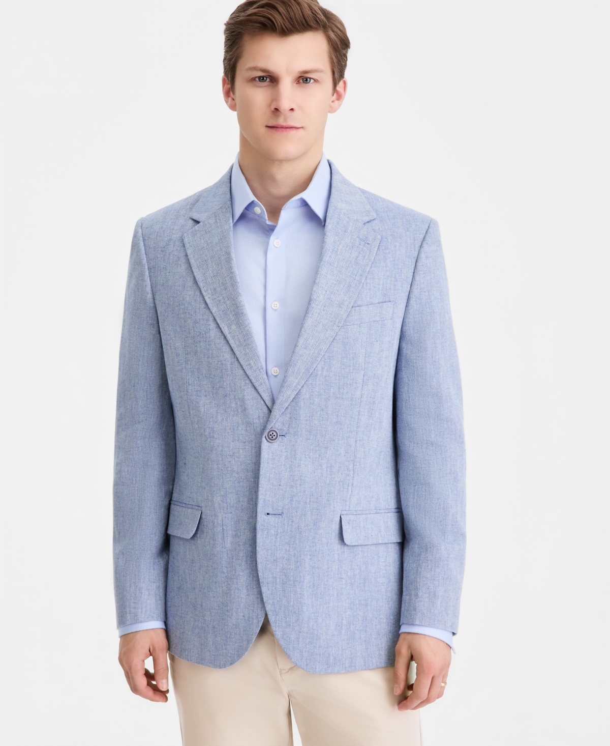 Men's Modern-Fit Herringbone Cotton & Linen Blazer - Blue Herringbone