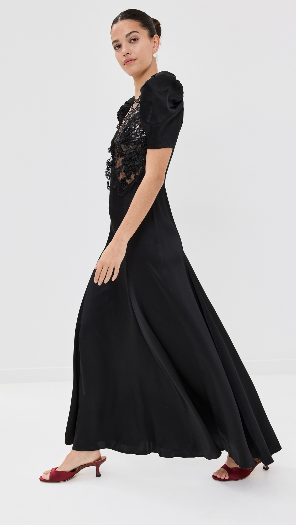 Black Silk Satin Puff Sleeve Dress With Sequin Detail Black