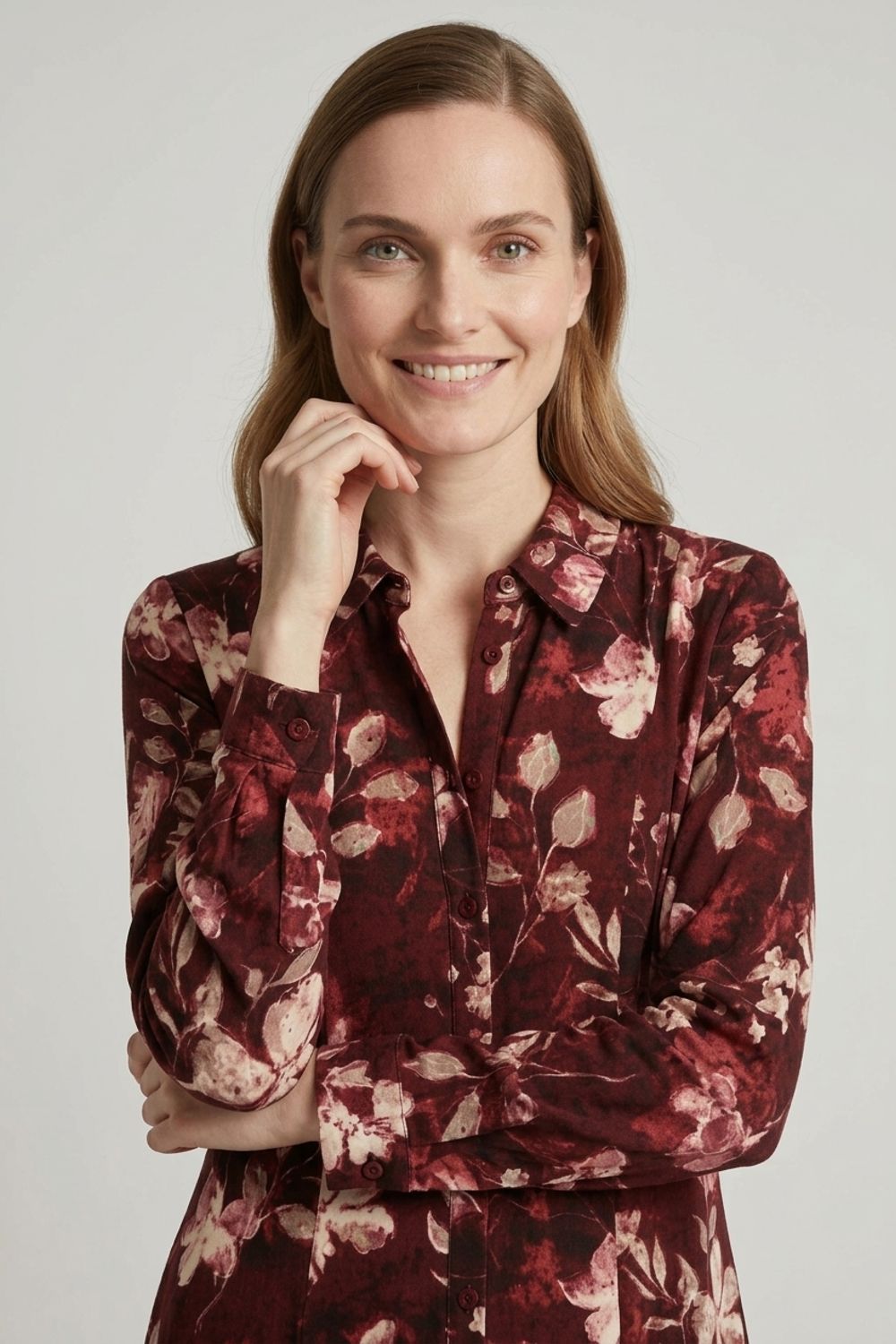 Izabel London Women's Floral Long Sleeve Button-Up Midi Dress in Burgundy