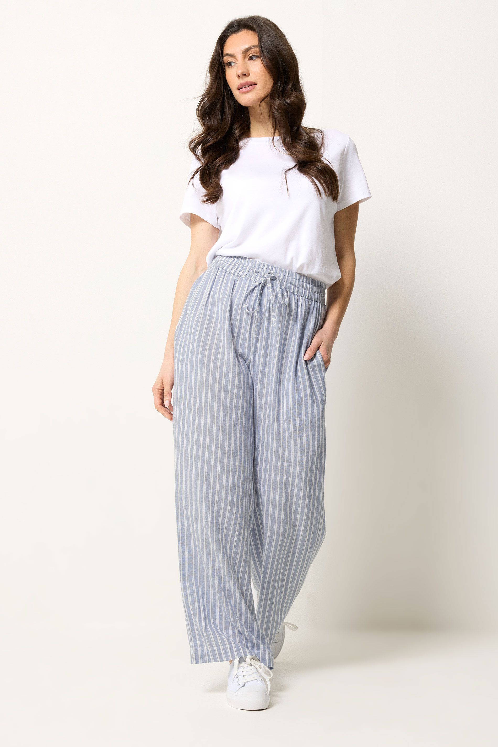 M&co Printed Tie Waist Wide Leg Cotton Trousers In Light Blue