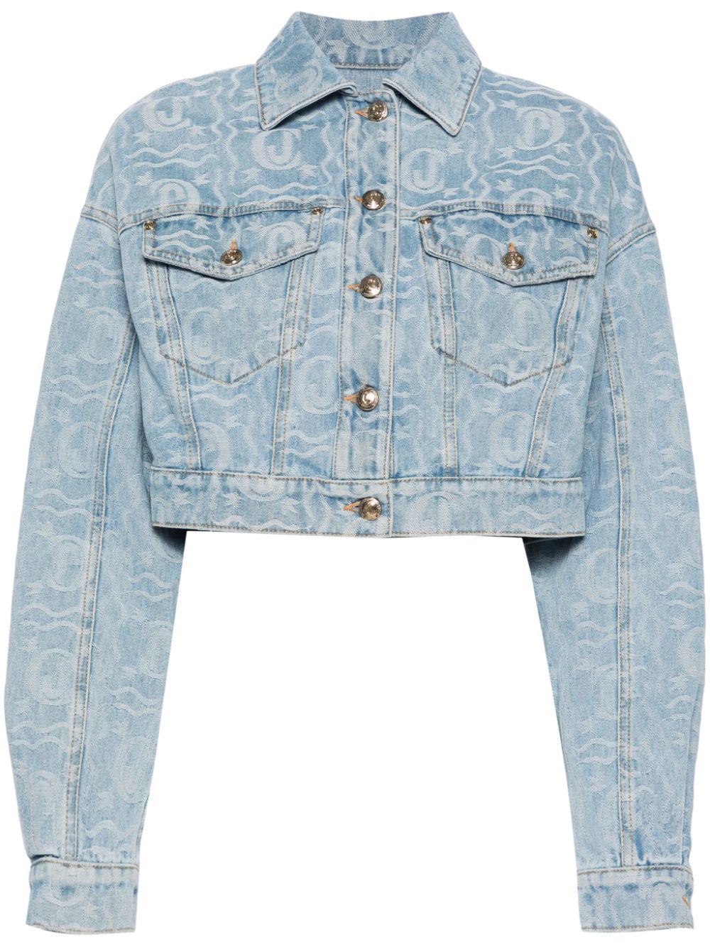 Logo-jacquard cropped denim jacket - Blue