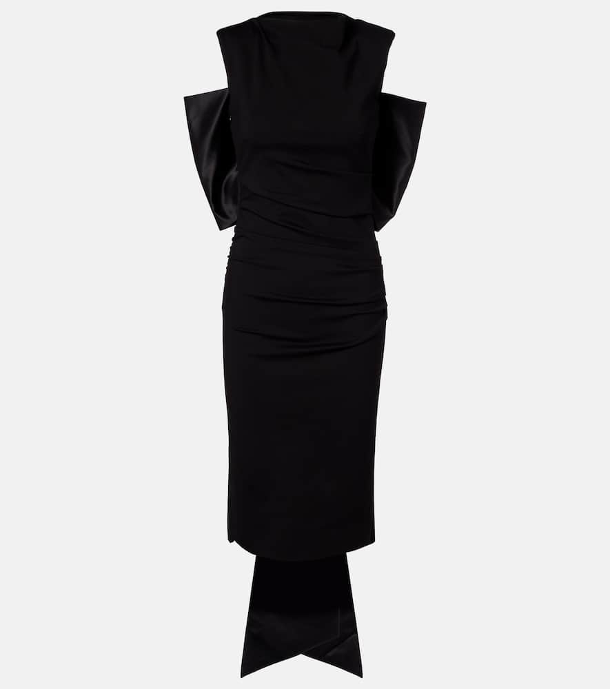 Bow-detail ruched satin-trimmed midi dress