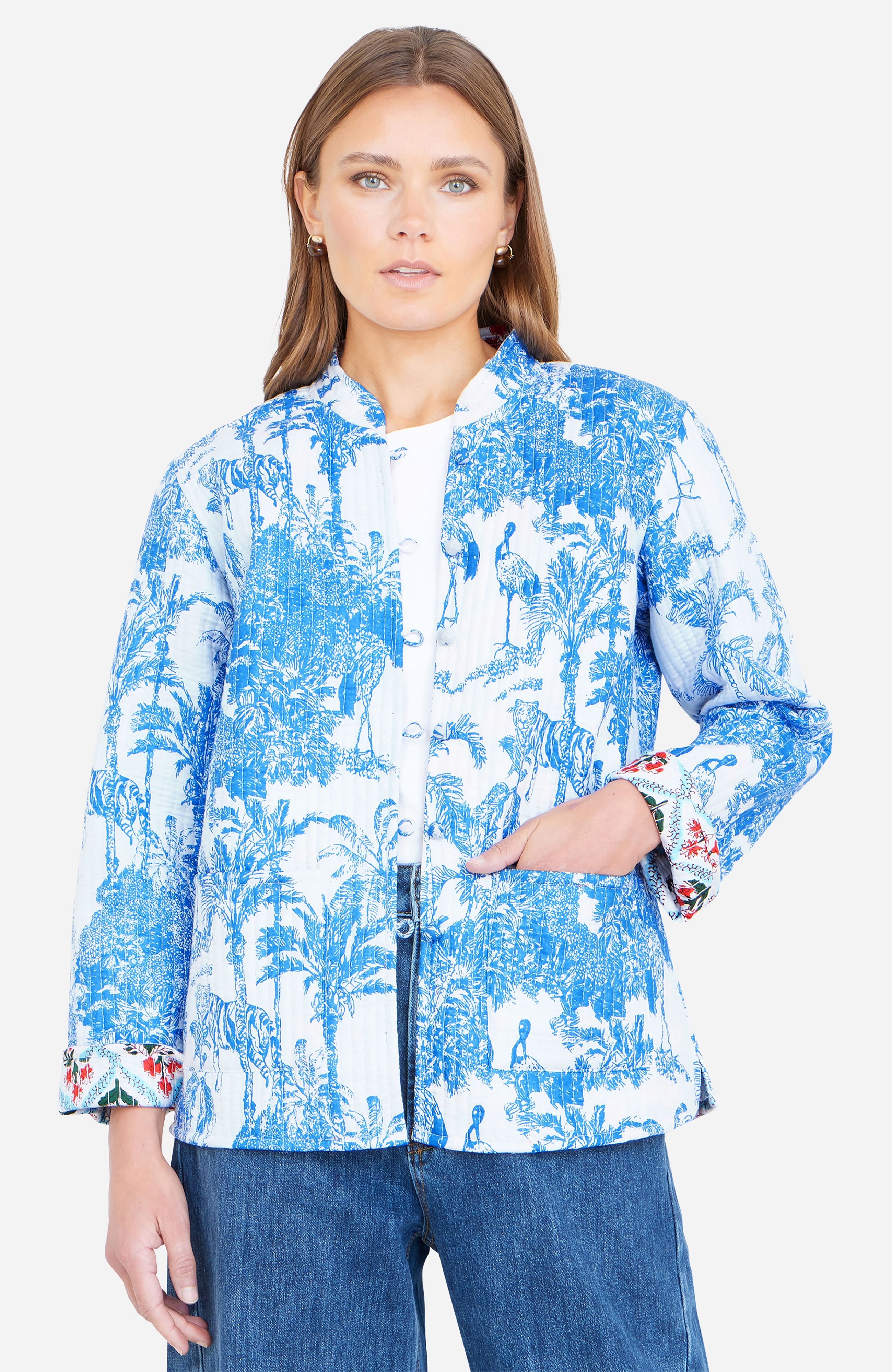 Yumi Blue Palm Reversible Cotton Quilted Jacket In Bright Blue