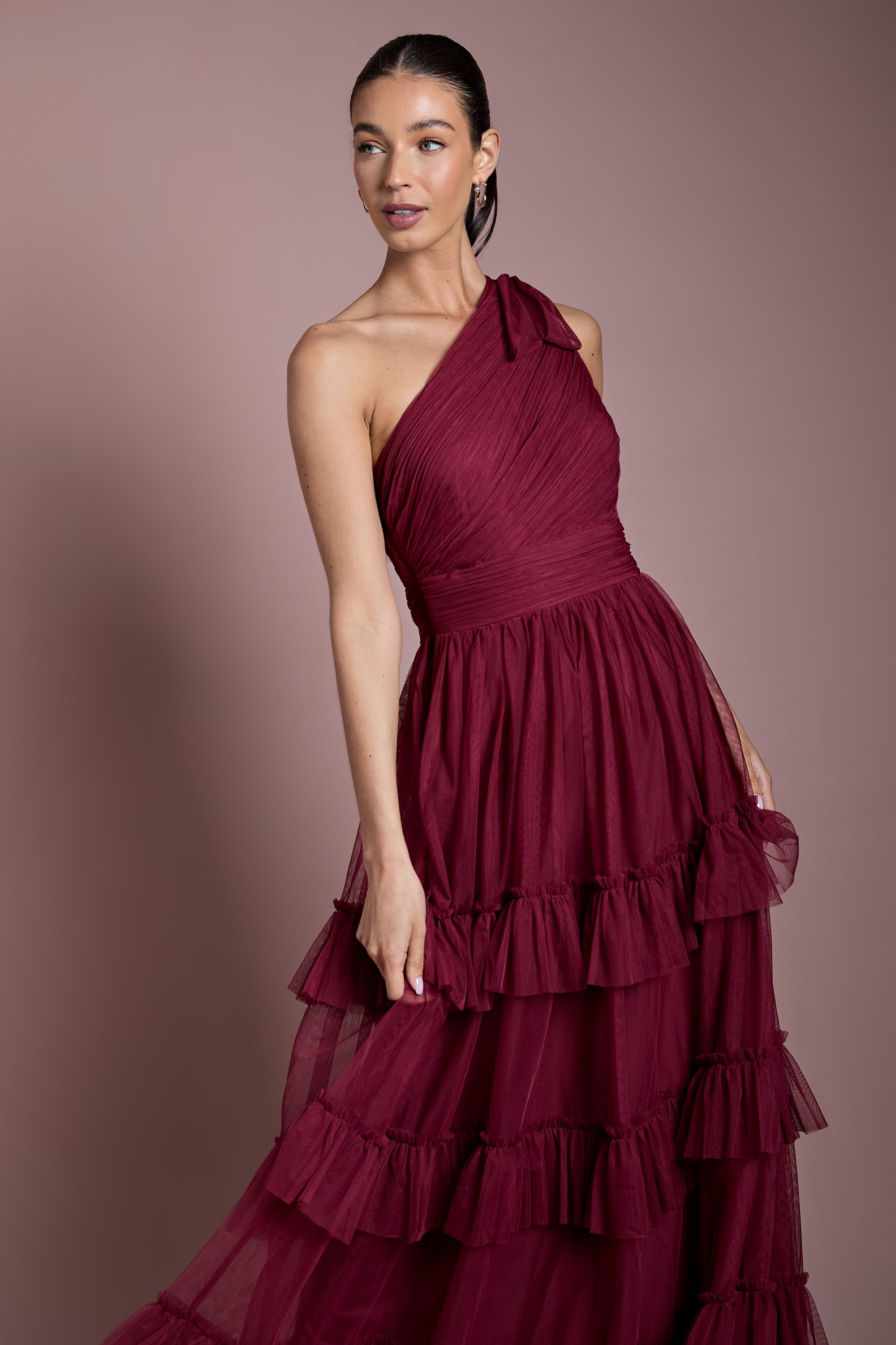 Oasis Womens Wine Pleated Mesh One Shoulder Tiered Maxi Bridesmaid Dre