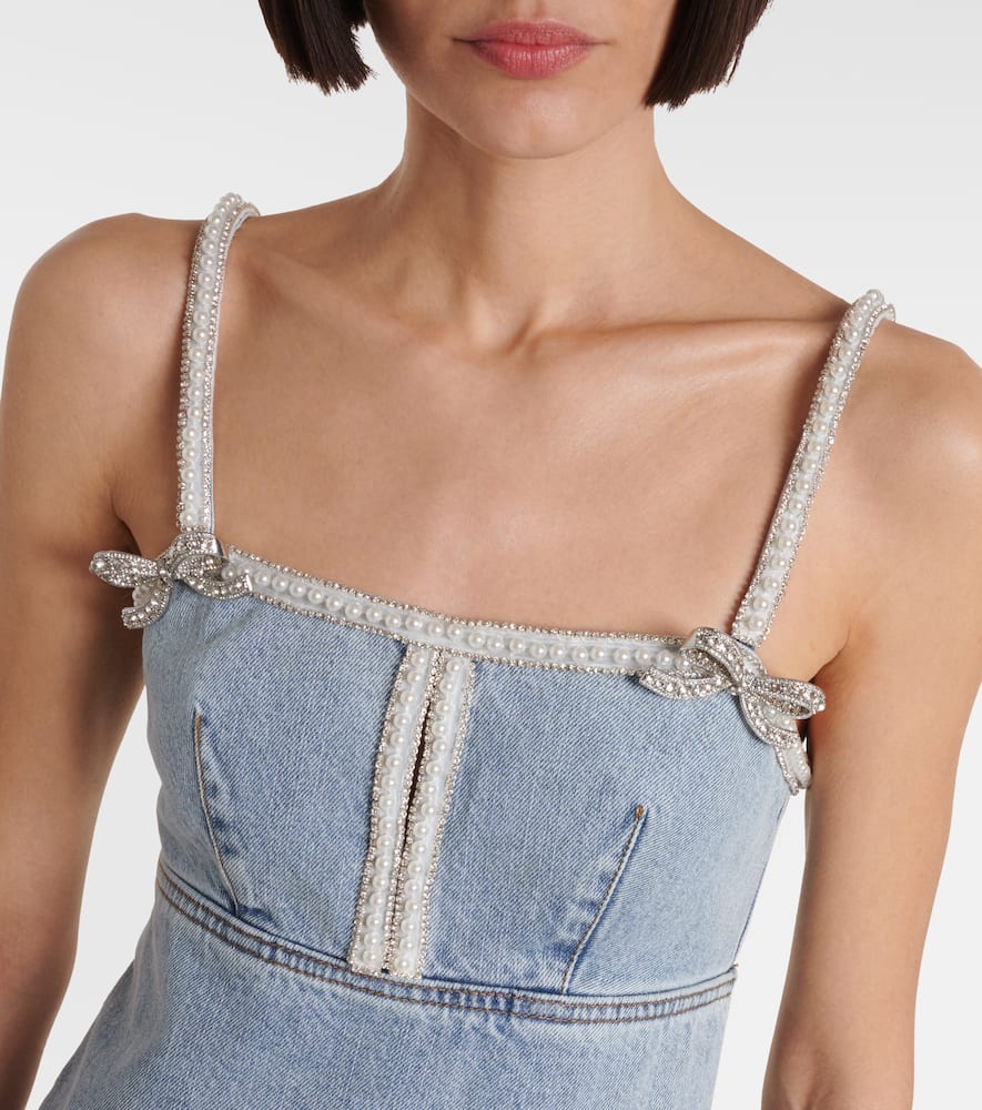 Self-Portrait Embellished bow-detail denim minidress
