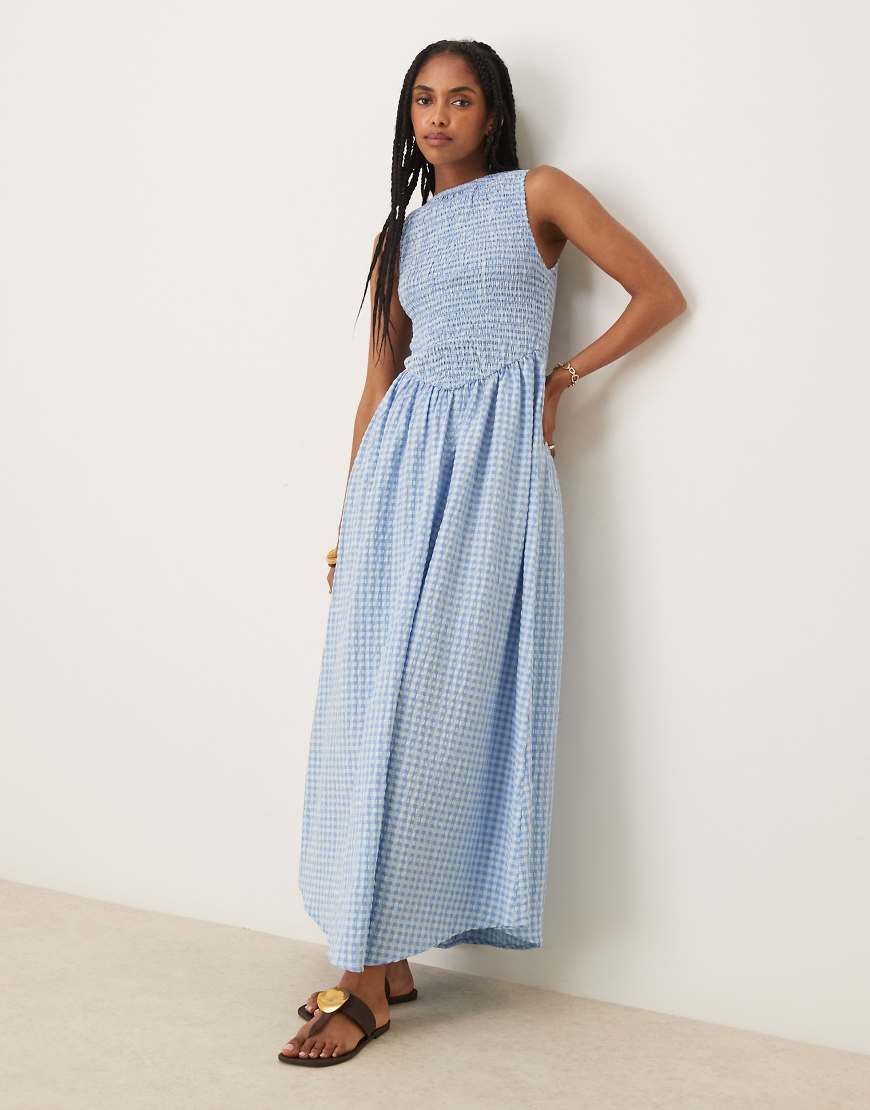 Shirred bodice maxi dress in blue gingham