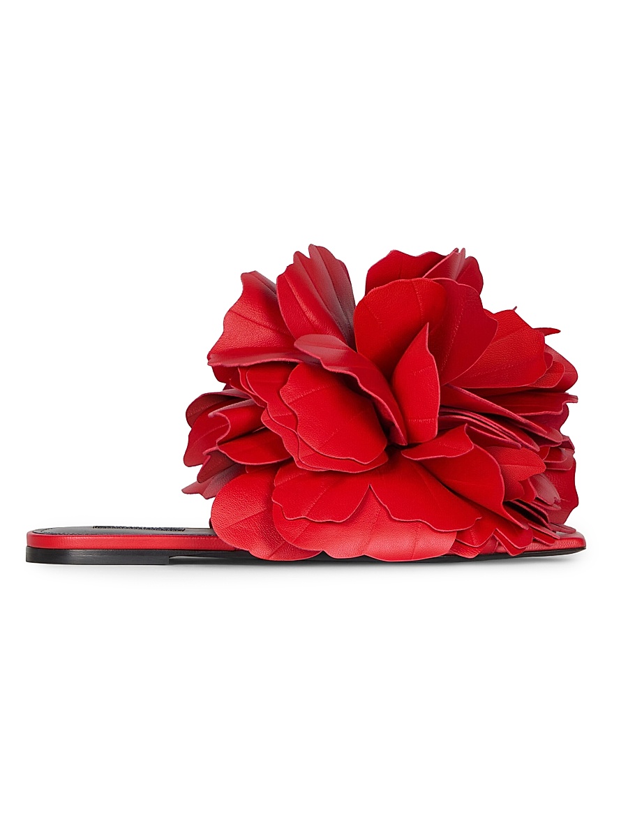 Women's Boudoir Flat Mule Sandals in Leather with Petals - Vermillon