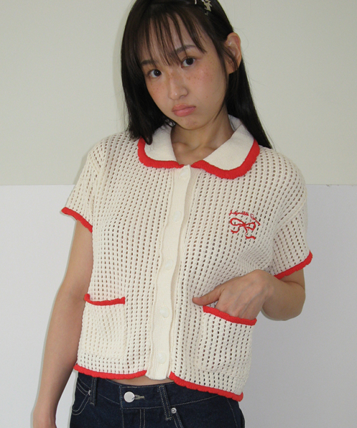 CROCHET LINE POINTED KNIT CARDIGAN IVORY RED