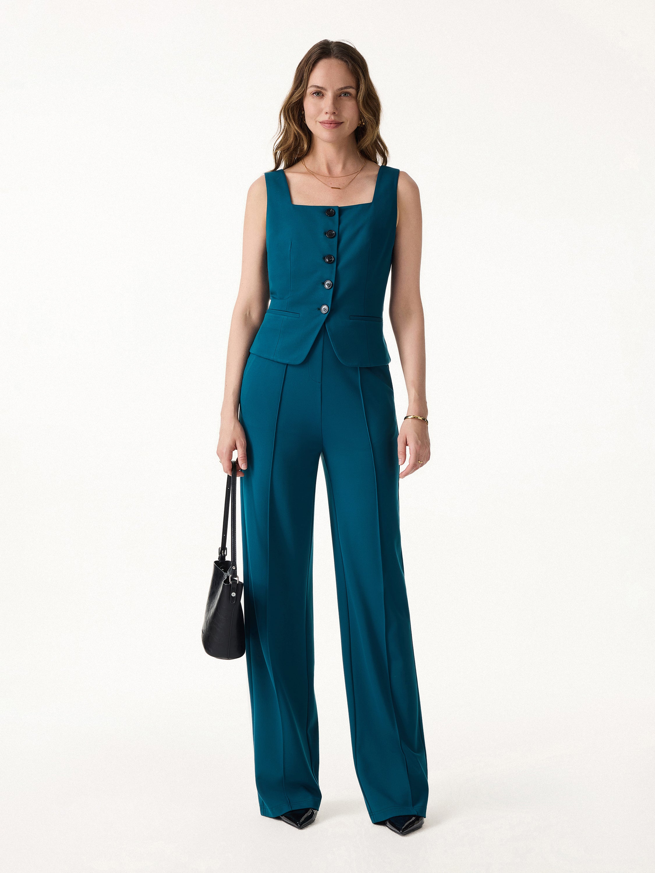 2Pcs Set Square Neck Waistcoat with Pockets & Wide Leg Ankled Pants - Dark Marine / XS