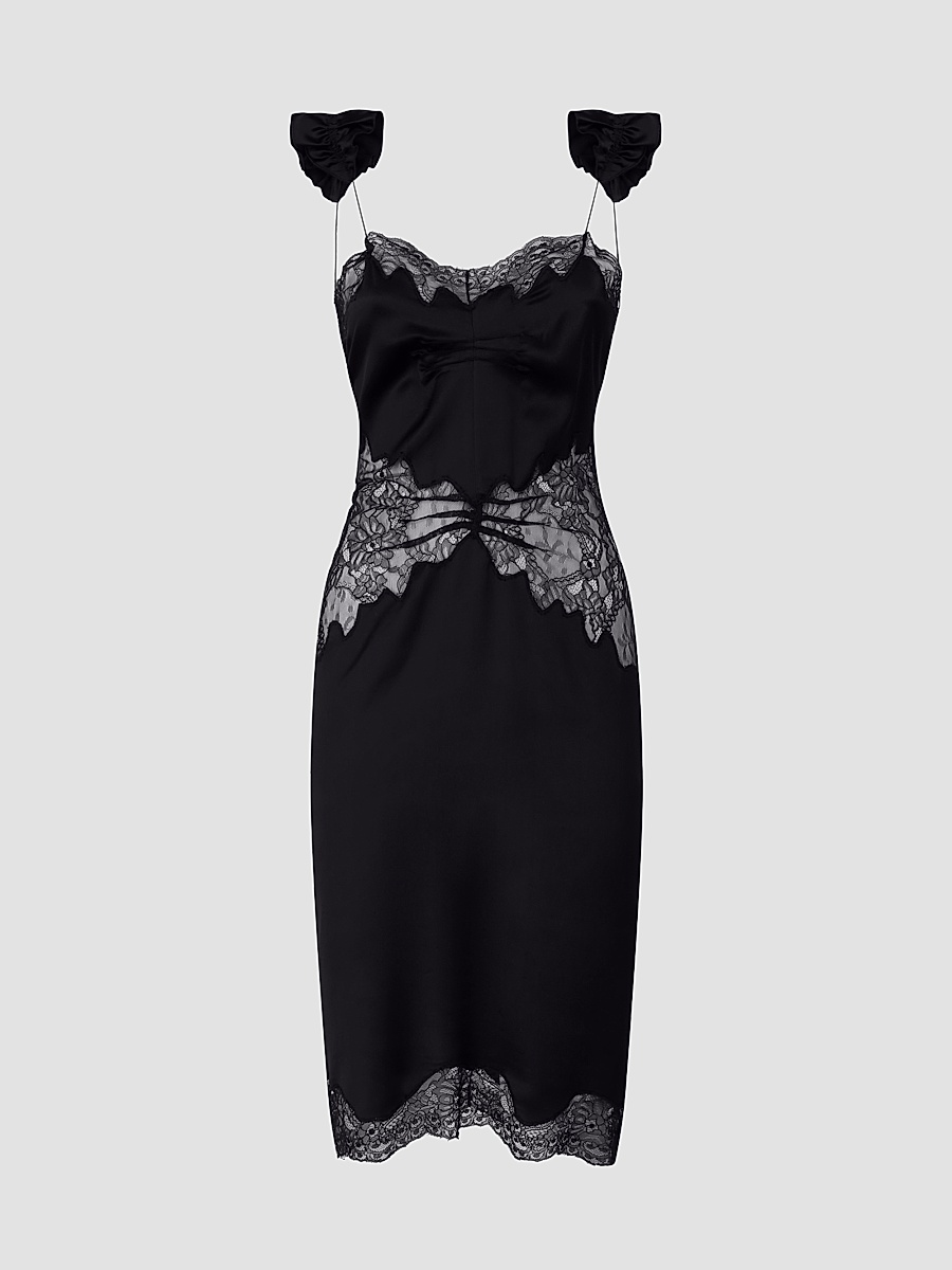 Women's Satin & Lace Midi Dress - Black