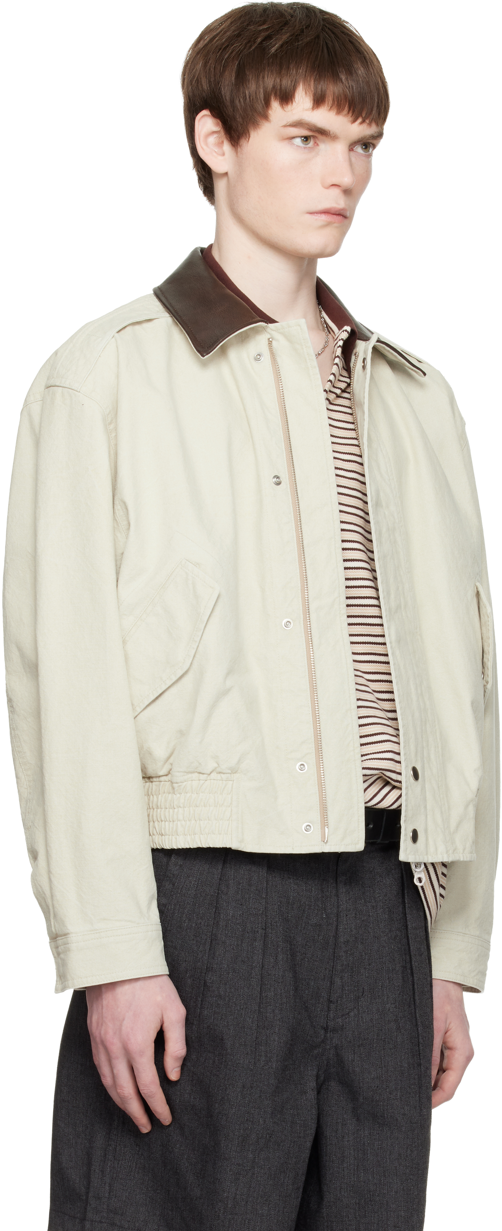 Off-White Leather Collar Washed Cationized Bomber Jacket