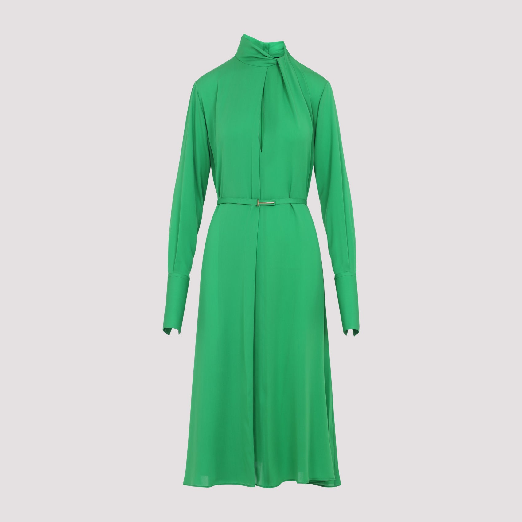 WASHED SILK GEORGETTE LONG SLEEVE DRAPED COLLAR BELTED DRESS with CUT-OUT
