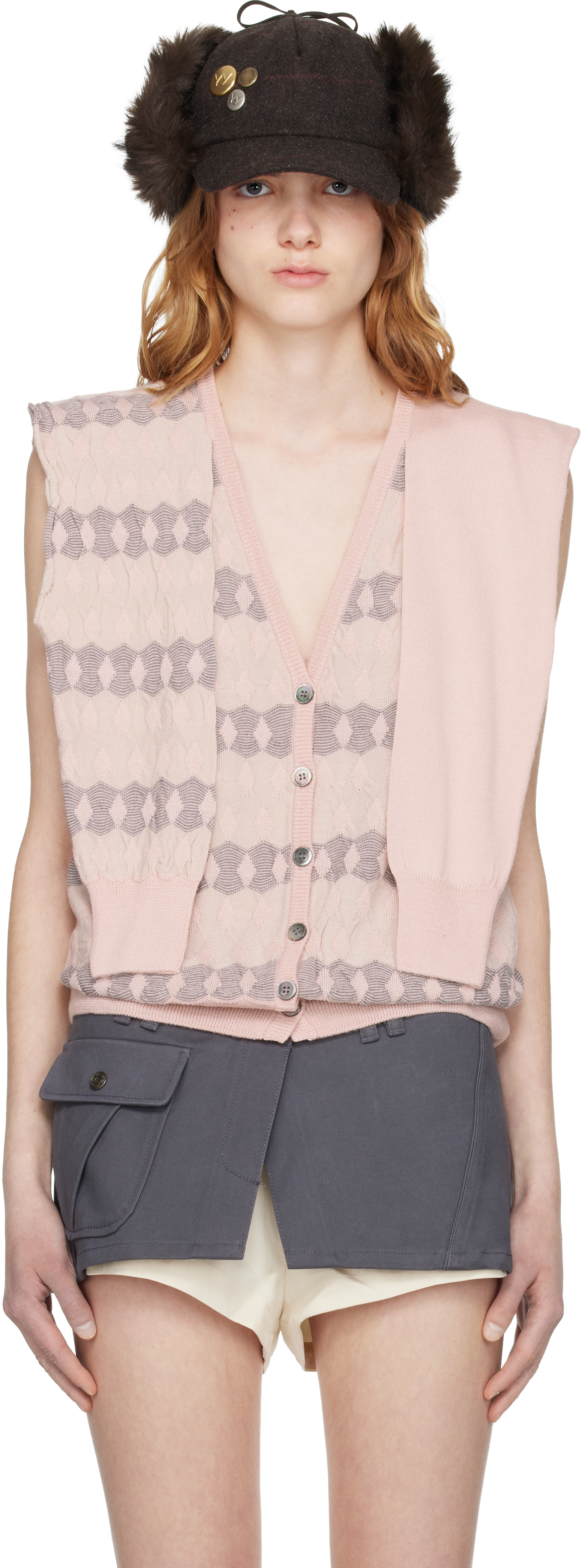 Pink Jacquard Sleeve Layered Cardigan Vest