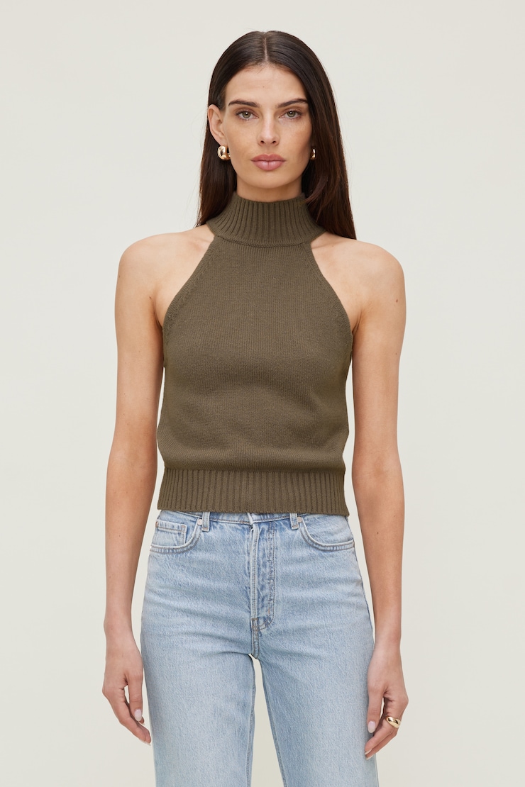 Turtleneck Sweater Tank Top - Brown - Women Clothing