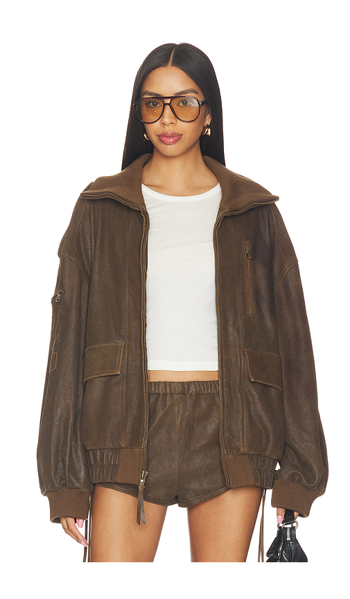 SPELL Fontaine Leather Bomber Jacket in Brown. S. Also in XS, M