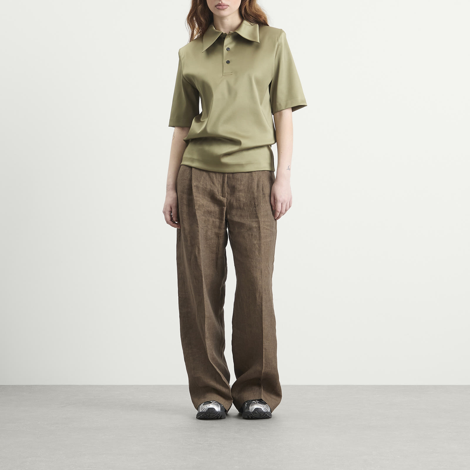 Women's TOGA Satin Stretch Polo Shirt in Khaki