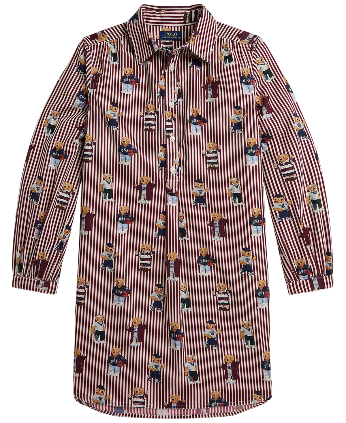 Girls' 7-16 Polo Bear Cotton Poplin Shirt Dress - Bear Stripe
