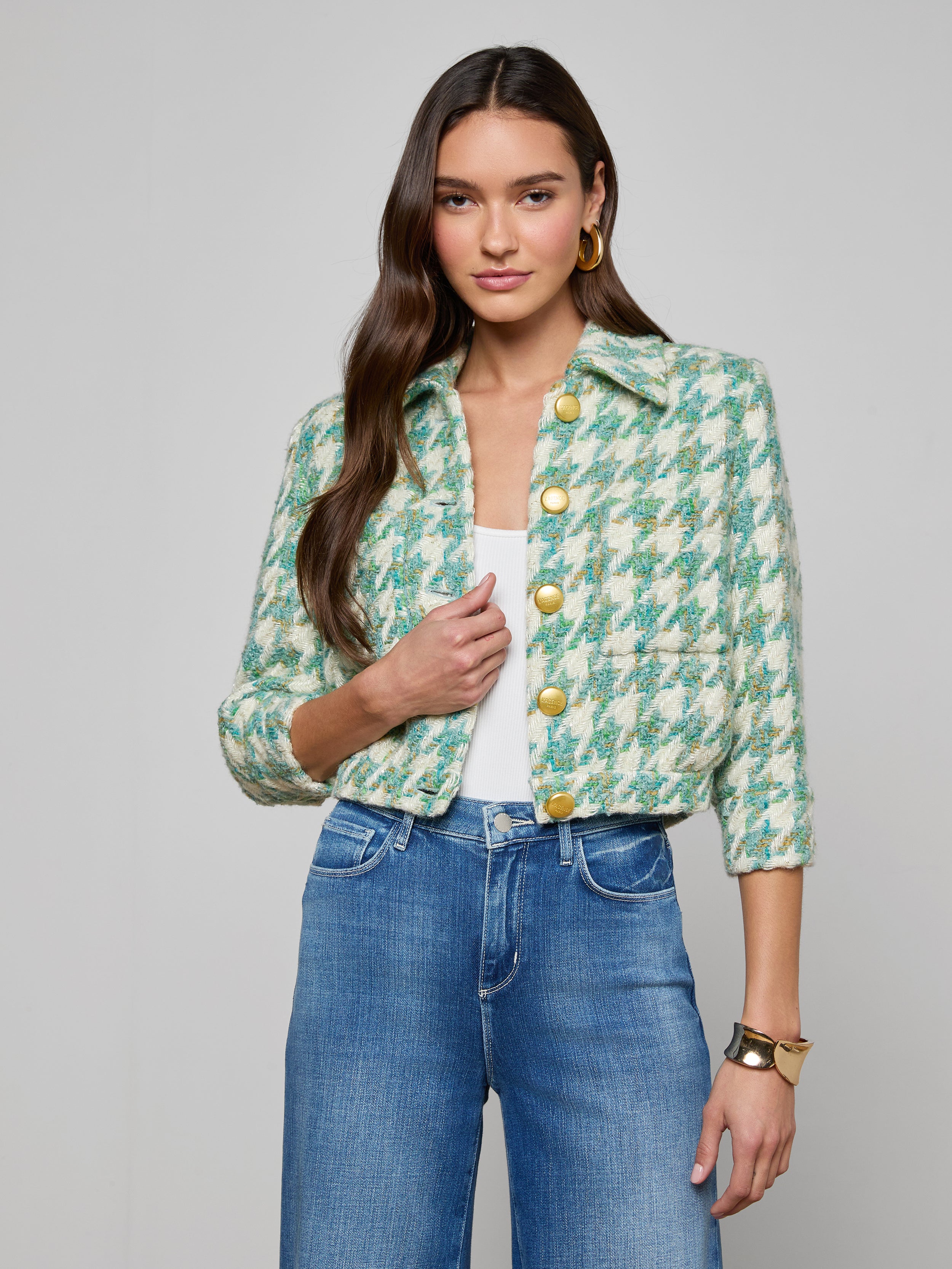Jia Houndstooth Tweed Jacket In Dusty Jade Multi Houndstooth