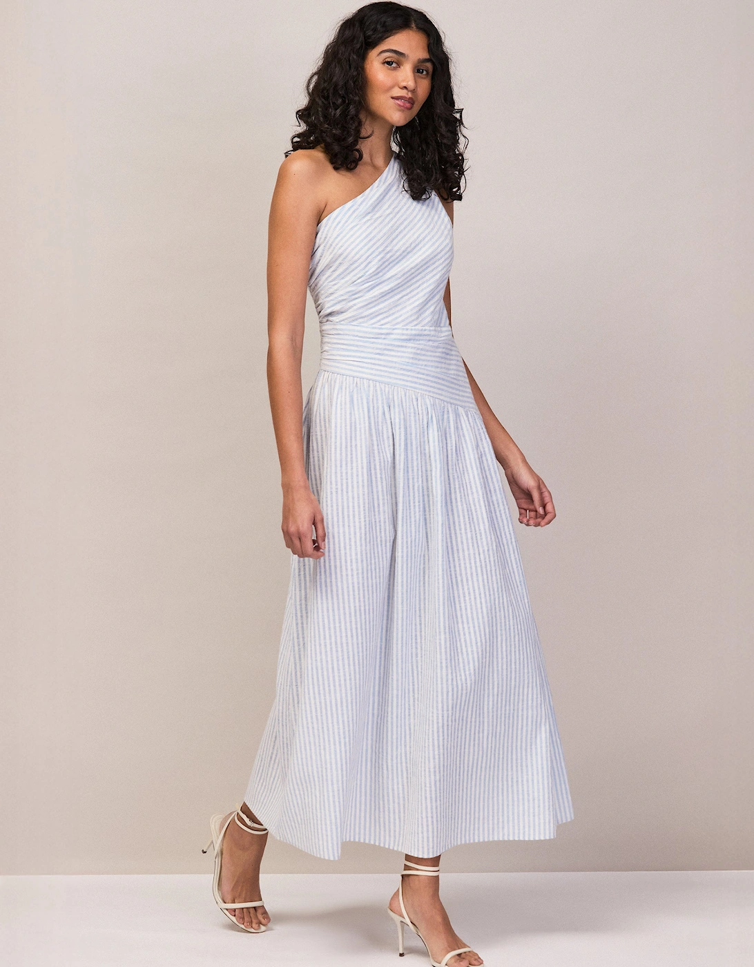 RO&ZO Women's Petite Blue And White Stripe Cotton One Shoulder Dre