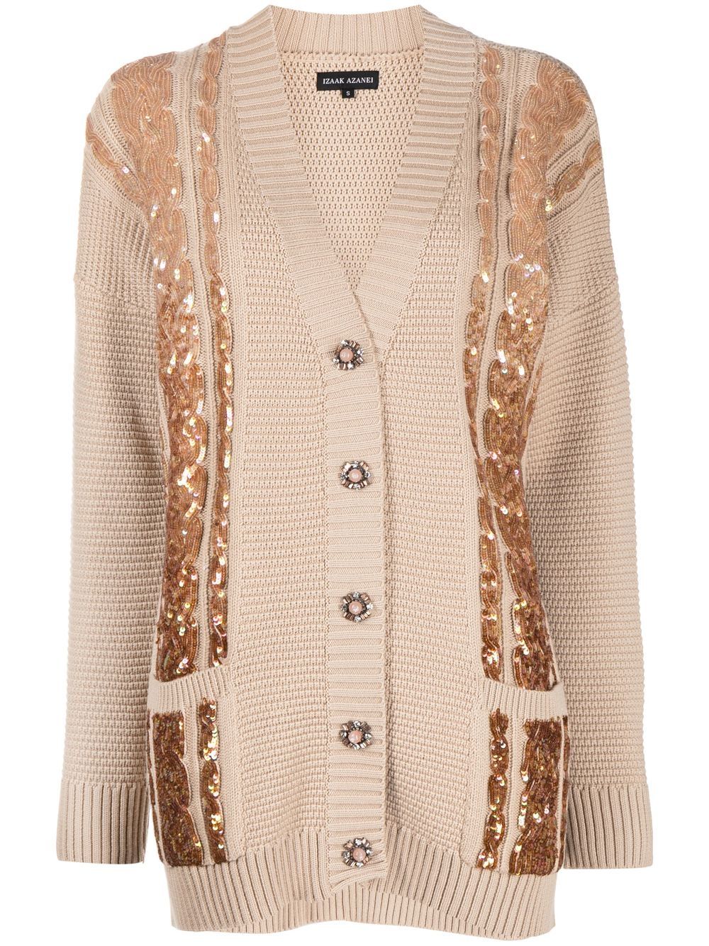 Sequin-embellished cable-knit cardigan - Brown