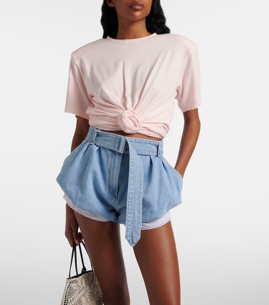 Belted high-rise denim shorts