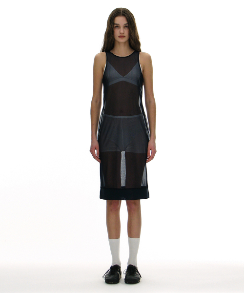 Numbering Printed Mesh Dress_Navy
