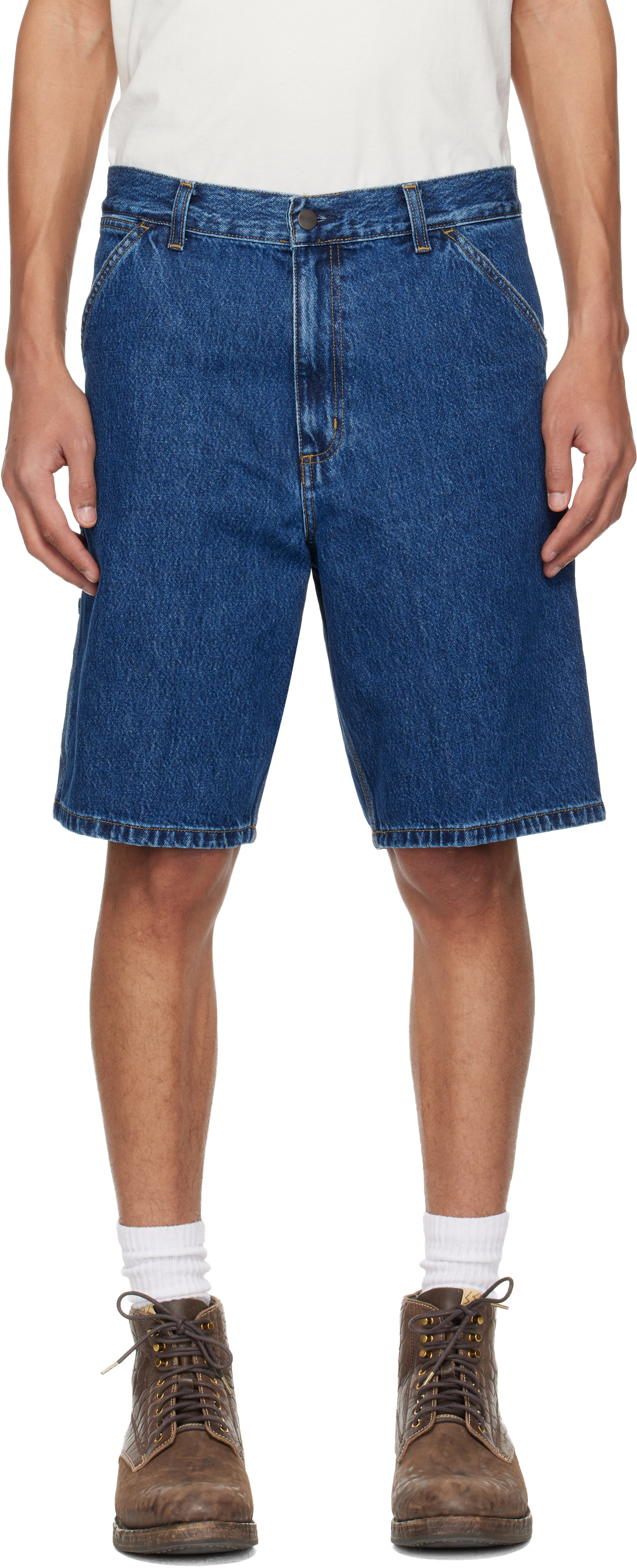 Blue Single Knee Denim Shorts