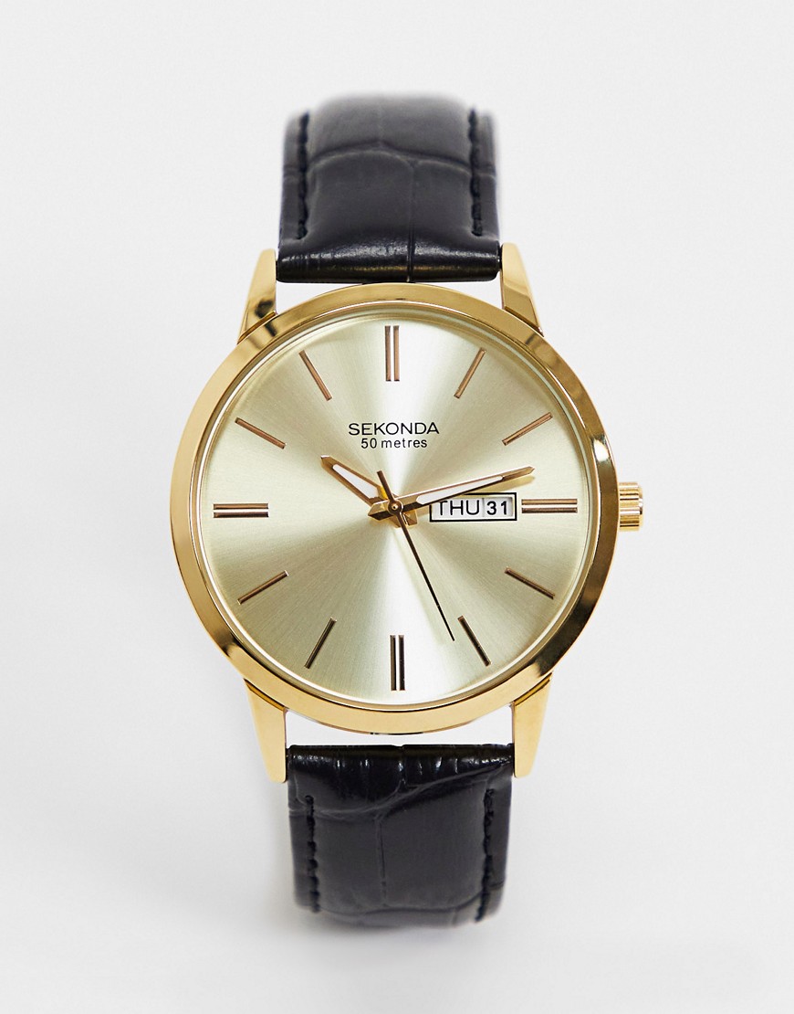 Leather watch in black with gold case and dial