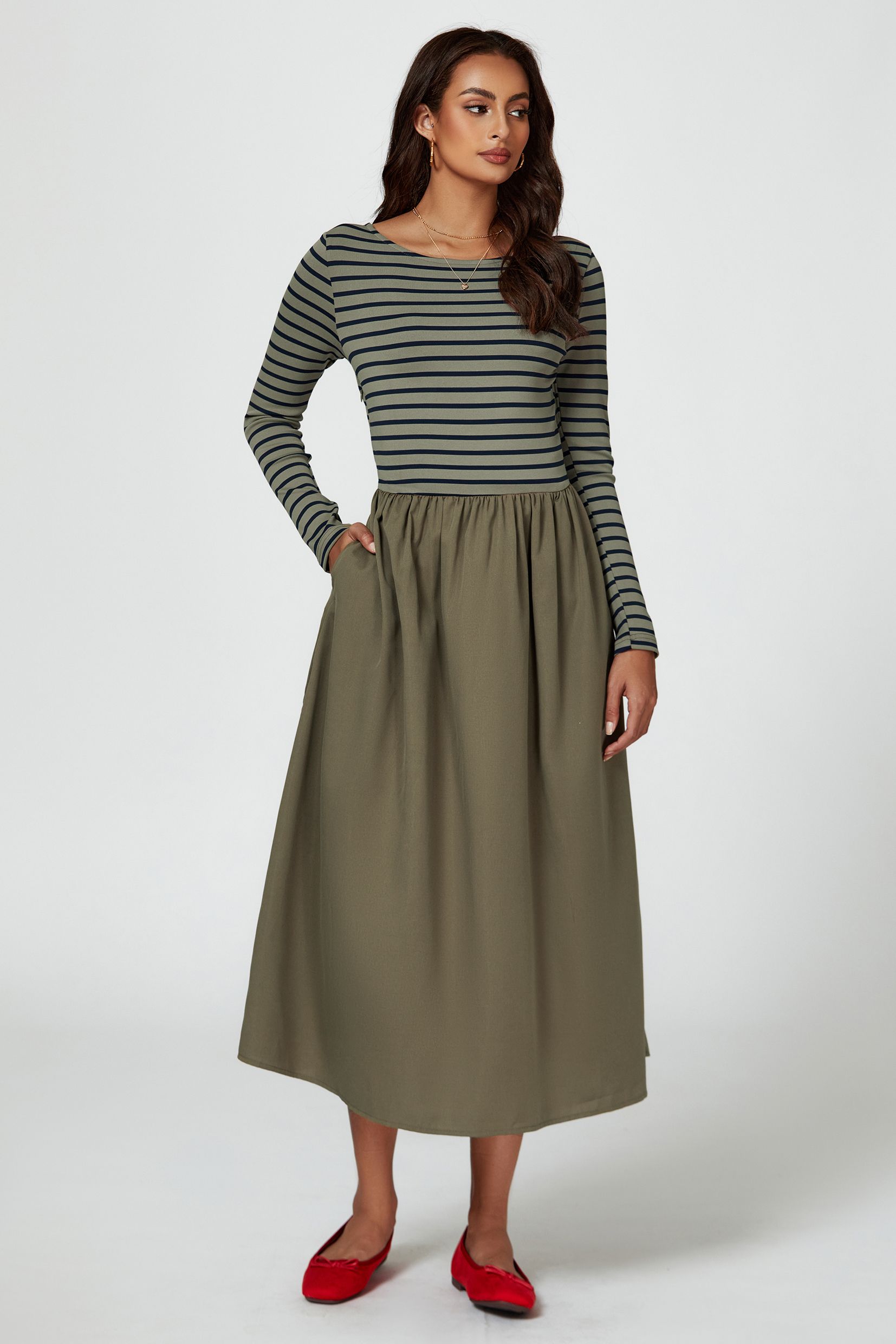 FS Collection Women's Long Sleeve Stripe Midi Dress In Olive | : Mediu