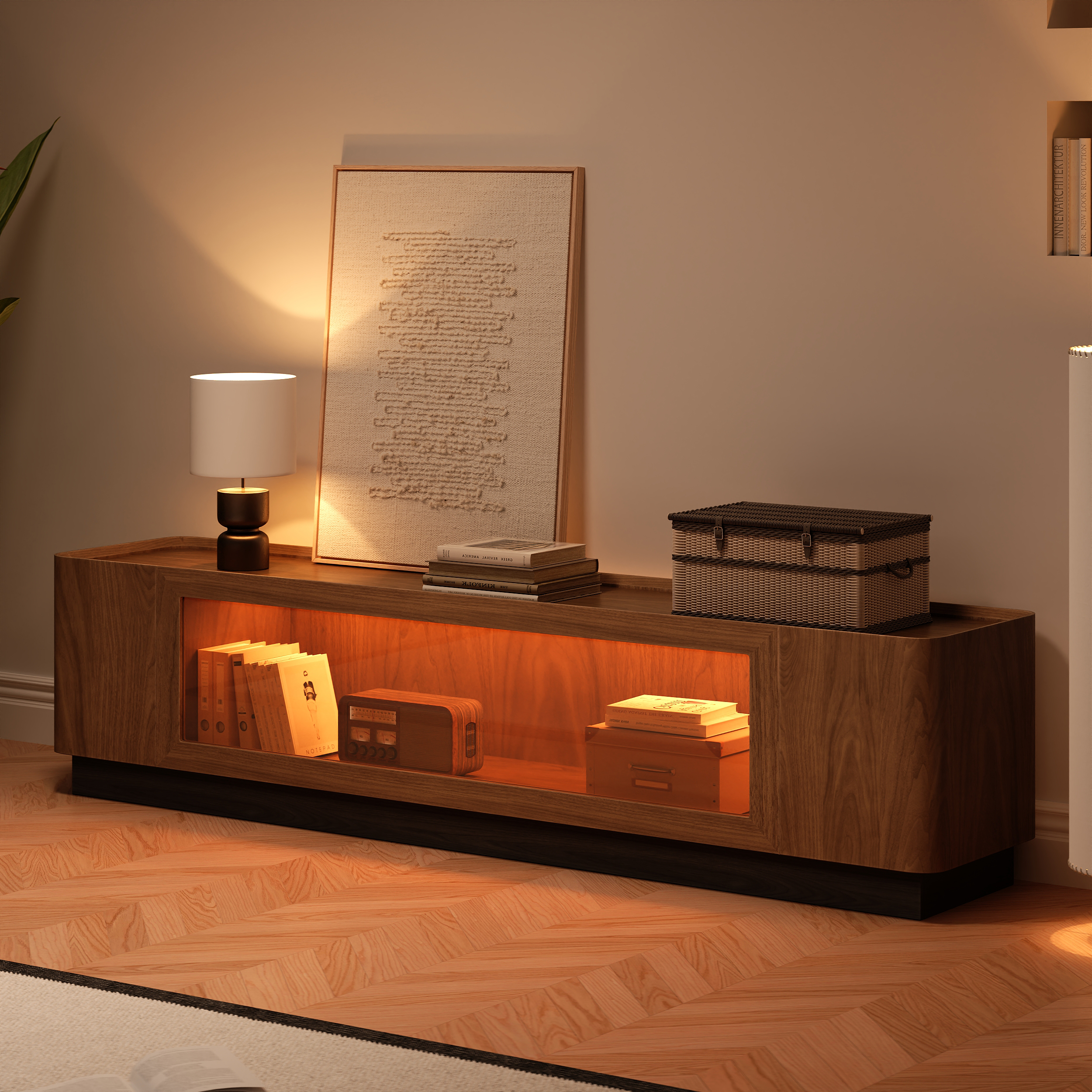 TV-Ständer, 2000 mm, Glastür, moderne Medienkonsole aus Holz, Mitte des Jahrhunderts, mit Stauraum und LED, Nussbaum