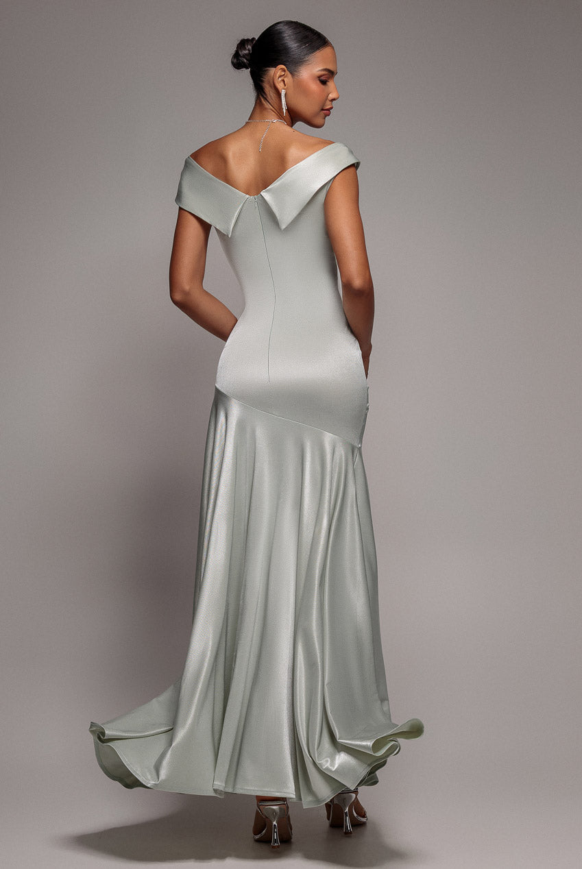 Goddiva Satin Off Shoulder Pleated Maxi Dress - Sage Green