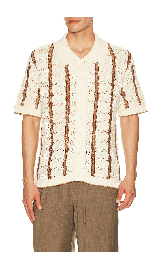 Central Park West Novelty Stitch Button Down Shirt in Brown. L. Also in M, S, XL/1X