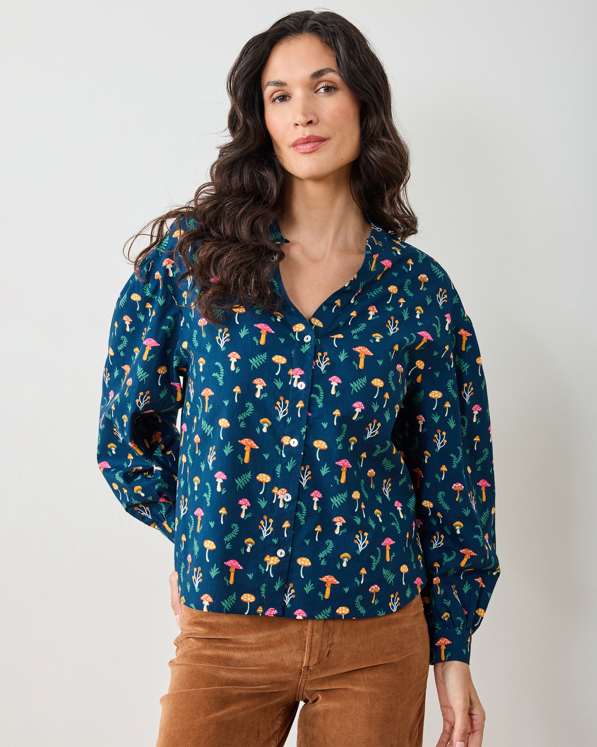 Organic Cotton 3/4 Sleeve Blouse in Mushroom Medley | Women's XS | Navy