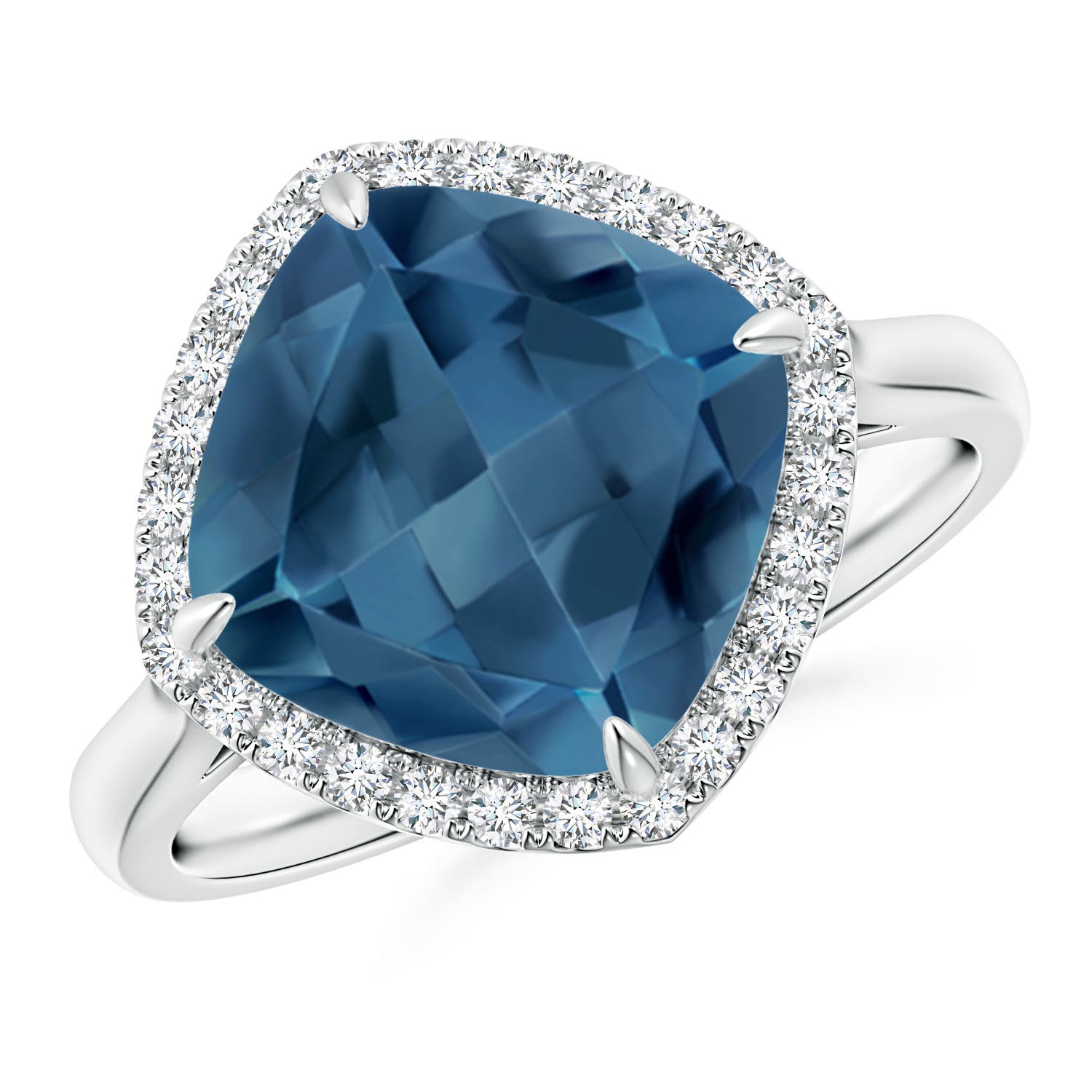 Angara 5.15 Carats Claw-Set Cushion London Blue Topaz Cocktail Halo Ring in Platinum