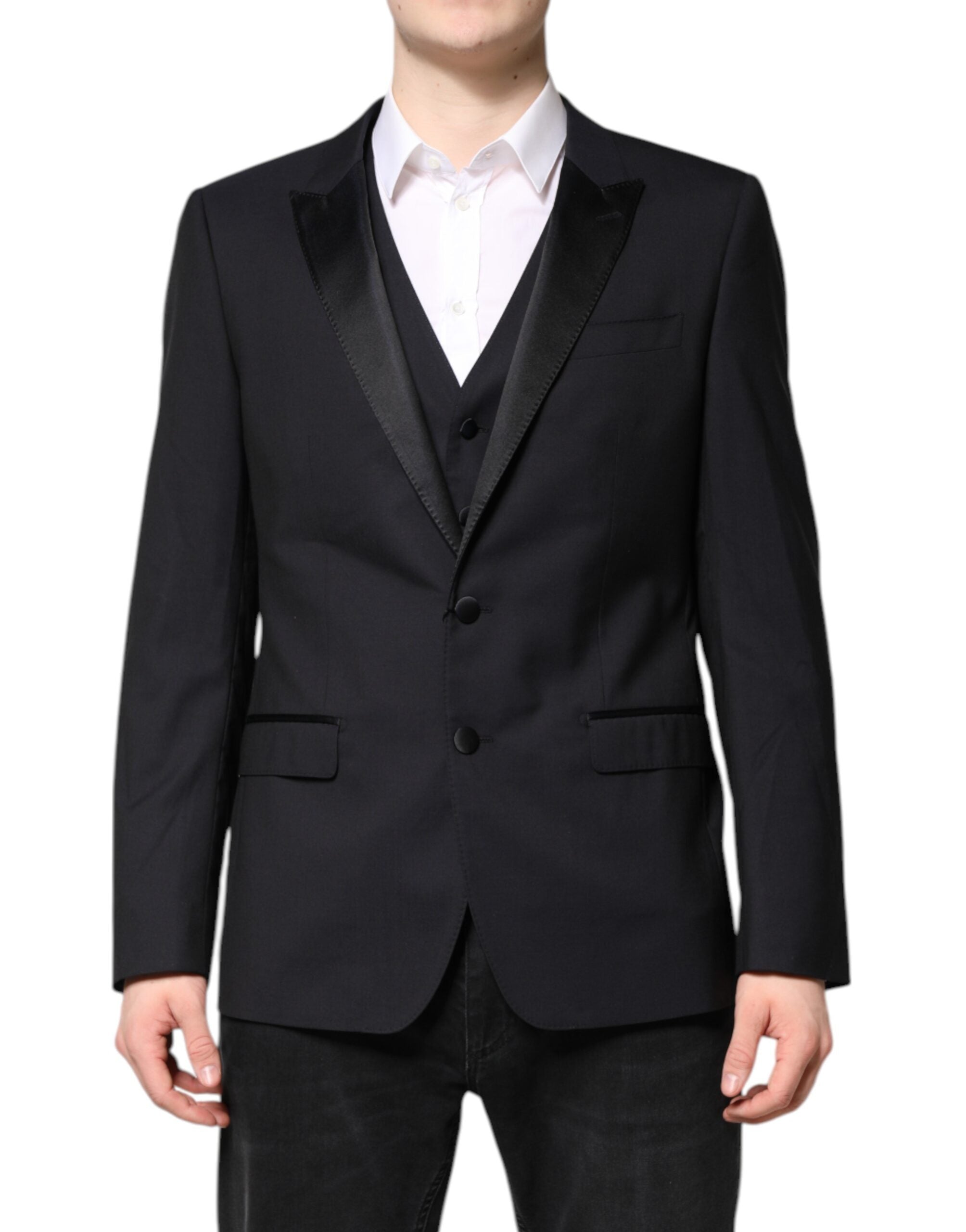 Virgin Wool Blazer with Vest Pant Suit — Black