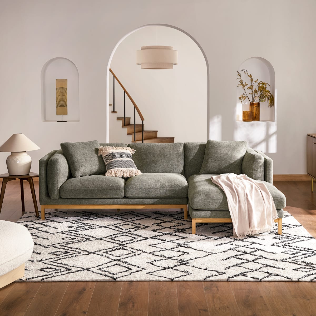 Owen Chaise Sectional Sofa, Right Hand Facing, Grey, Natural Wood Legs