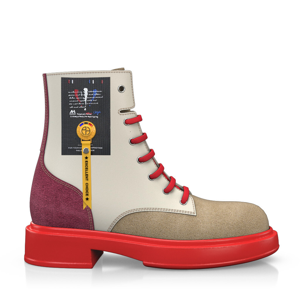Women's Lace-Up Ankle Boots / Combat Boots Handmade in Italy with Off White &amp; Beige &amp; Red Leather - Custom Design - GIROTTI