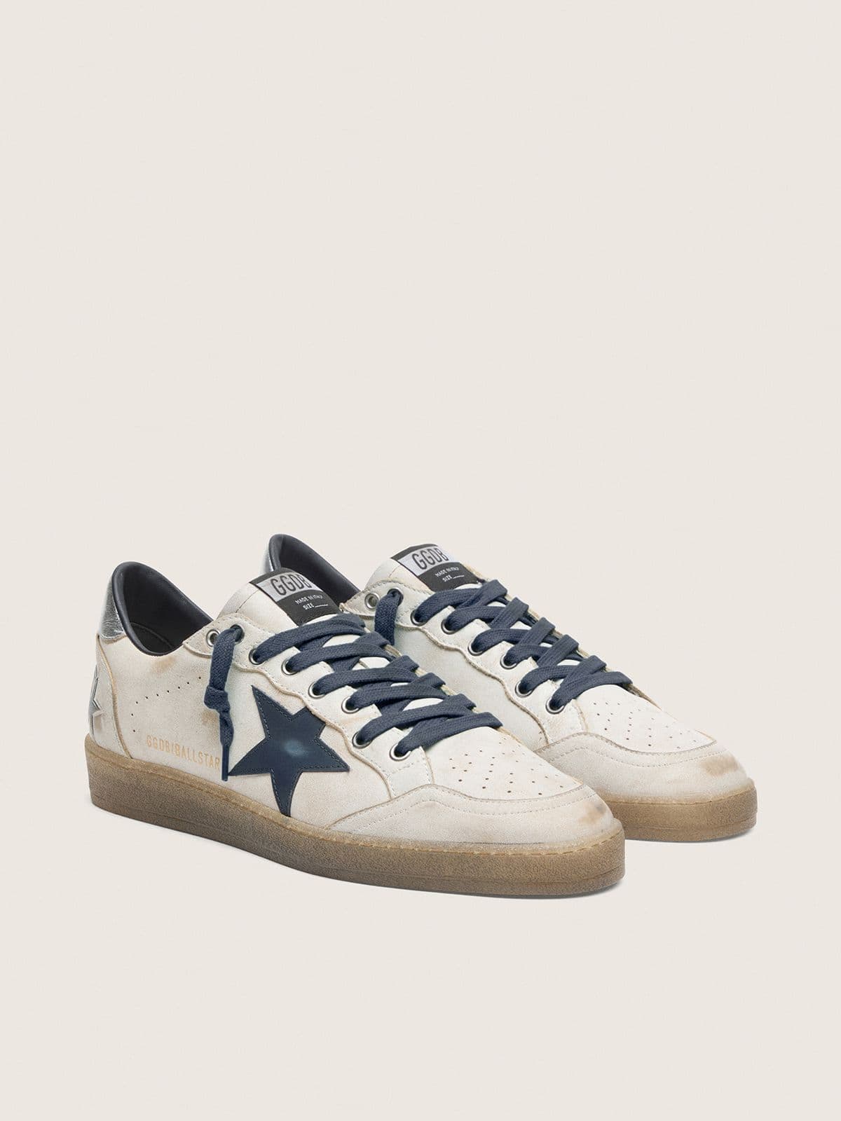 Golden Goose - Men’s Ball Star In White Leather With Dark Blue Leather Star And Silver Laminated Leather Heel Tab, Man