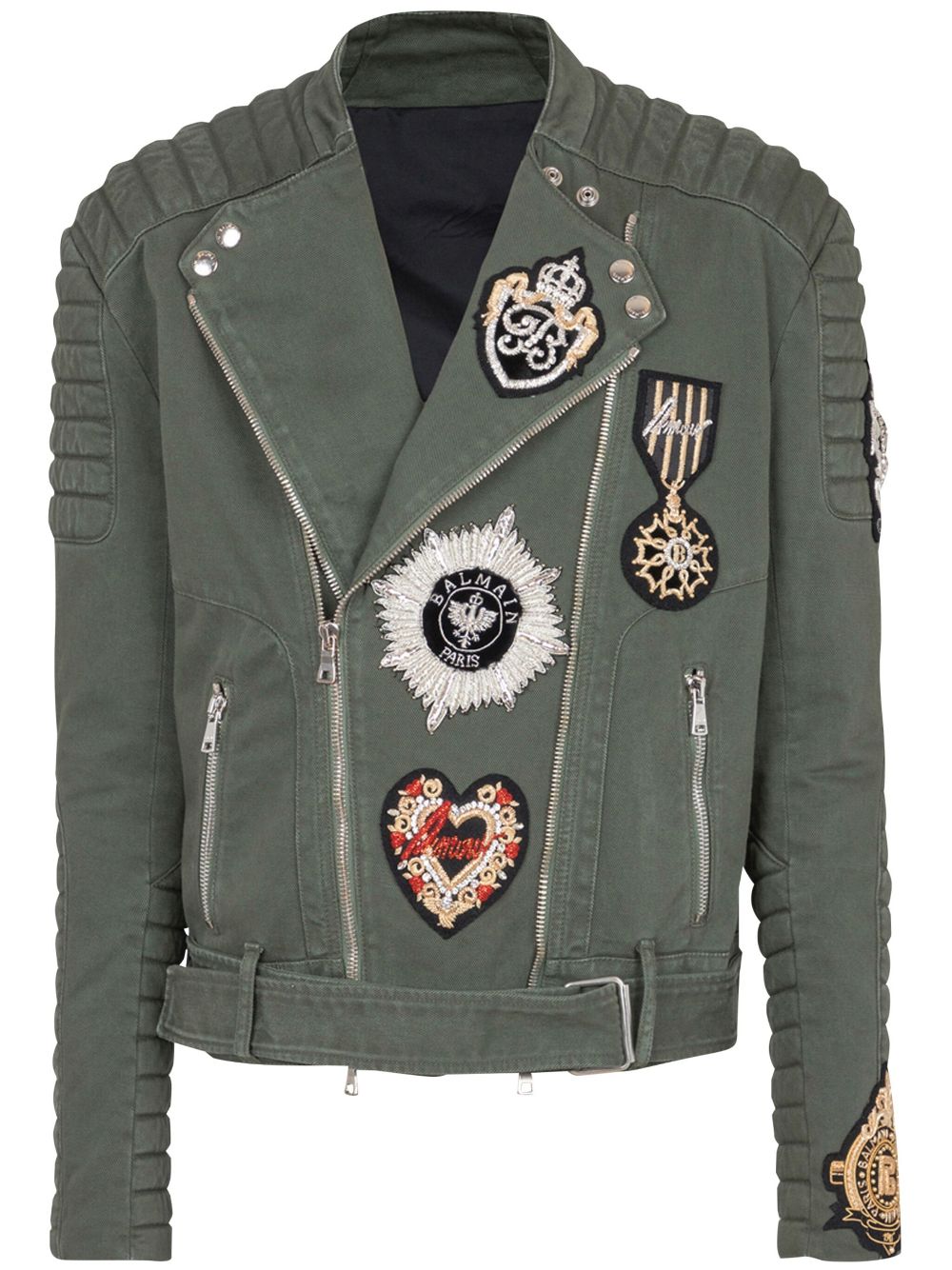 Embroidered-patch biker jacket - Green
