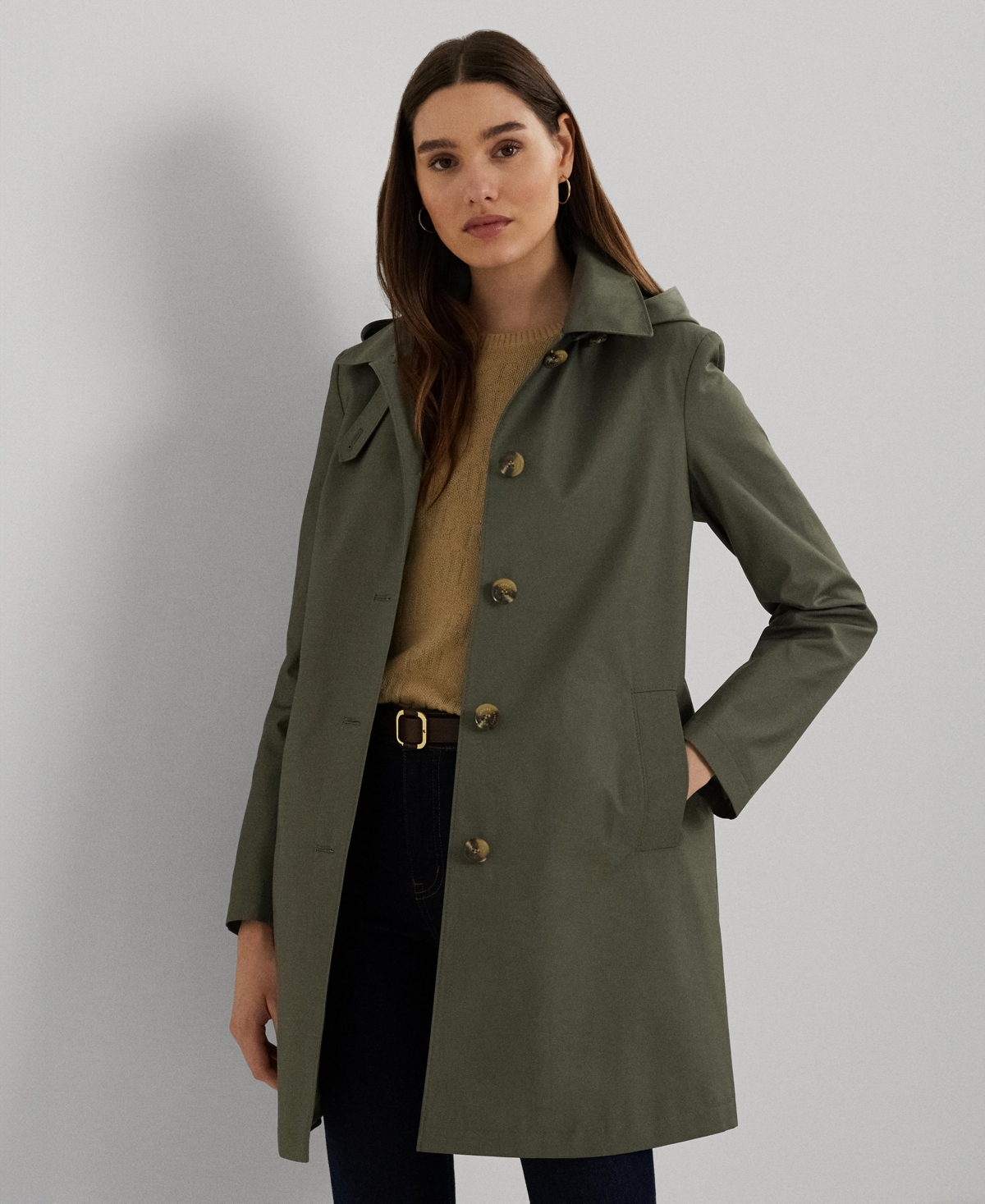 Womens Hooded A-Line Raincoat - Olive Fern