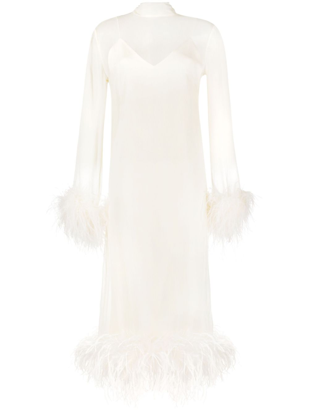 Feather-trim long-sleeve dress - Neutrals