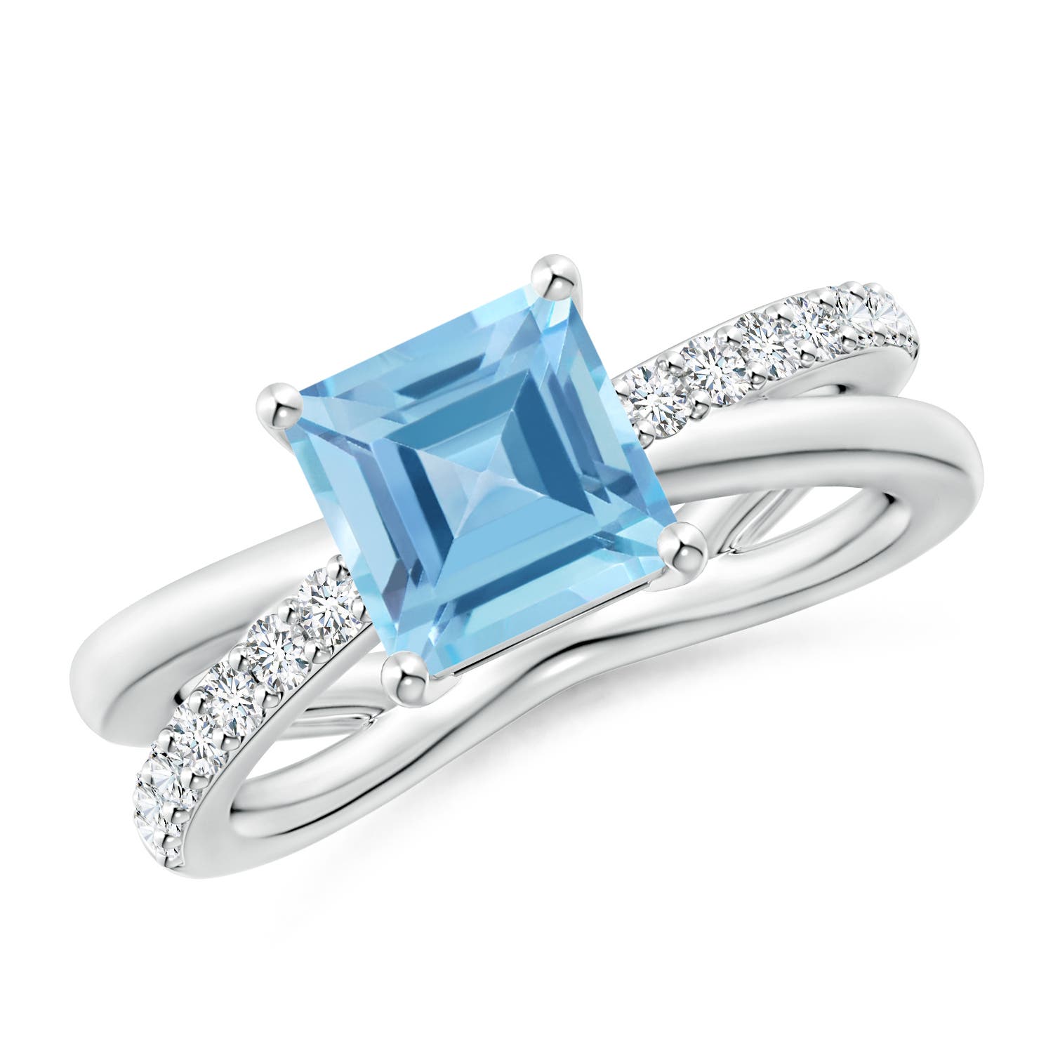 Angara 2.2 Carats Square Swiss Blue Topaz Crossover Shank Ring with Diamonds in Platinum