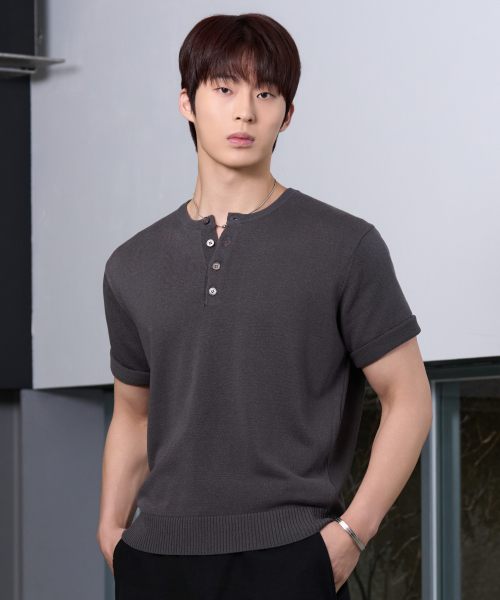 26 SS Washable Linen Henley Neck Crop Knit