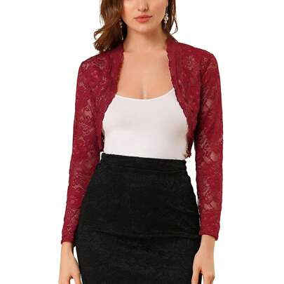 Women Lace Bolero Shrug Tops See Through Long Sleeve Lace Floral Open Front Cardigan Sheer Mesh Cropped Going Out Top