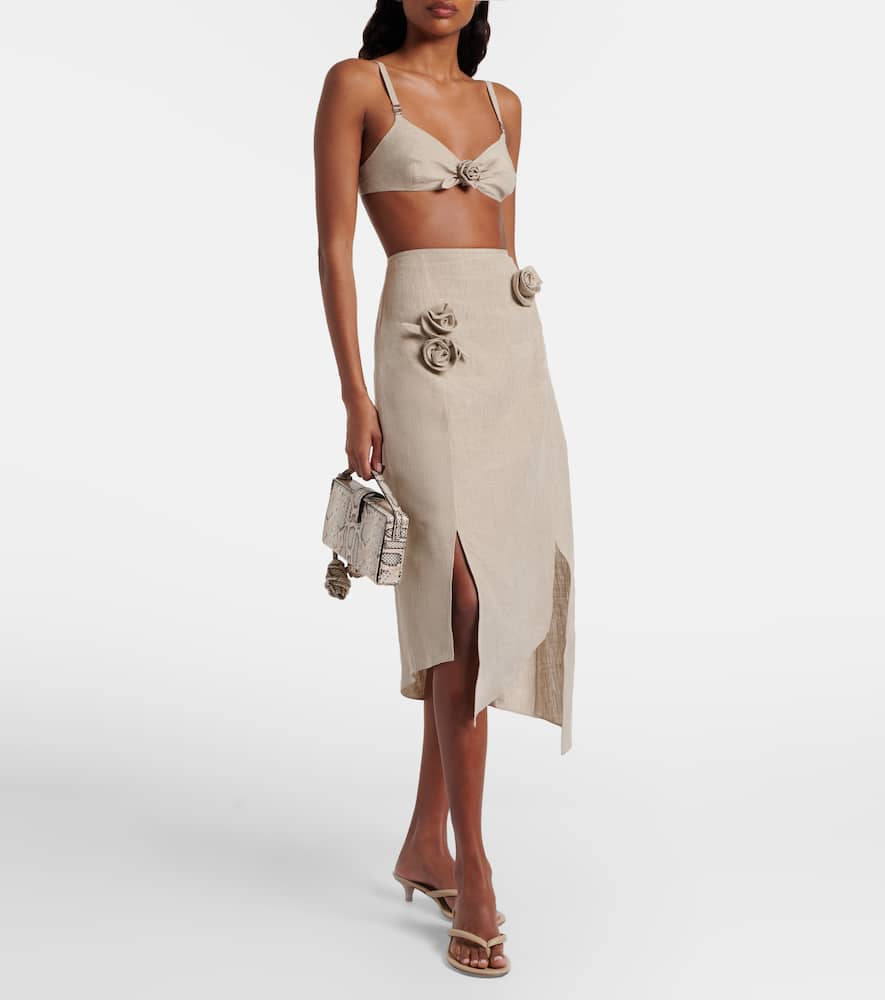 Floral-appliqué asymmetric linen midi skirt