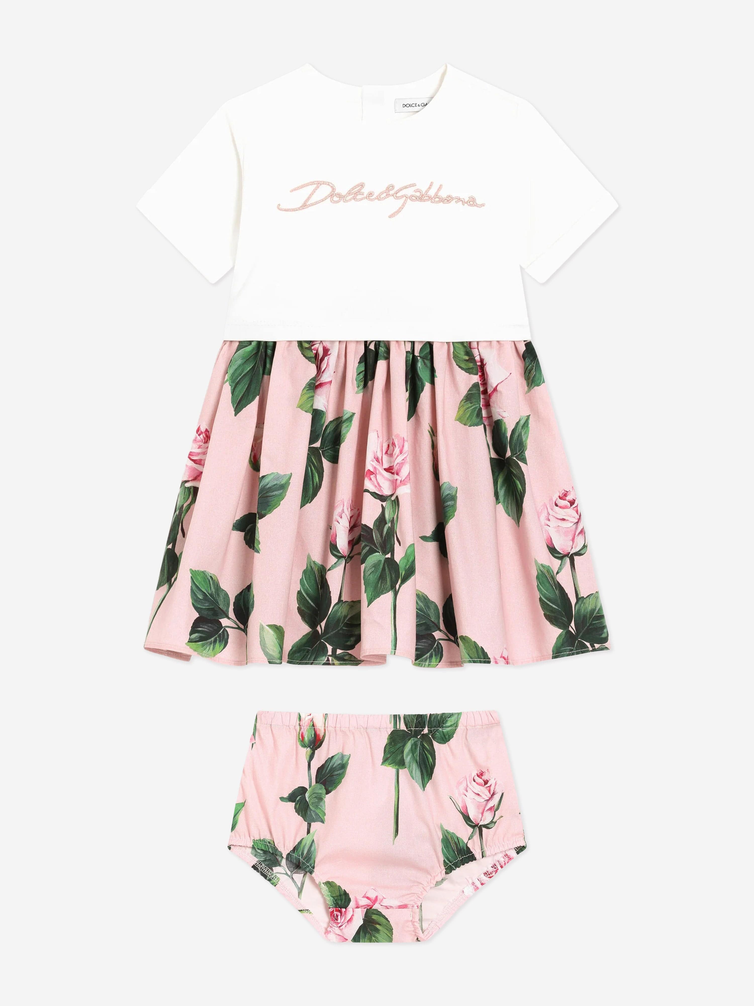 Baby Girls Rose Print Dress Set in Pink