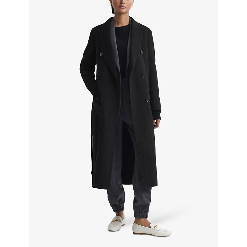 Womens Black Arla Double-breasted Belted Wool-blend Coat