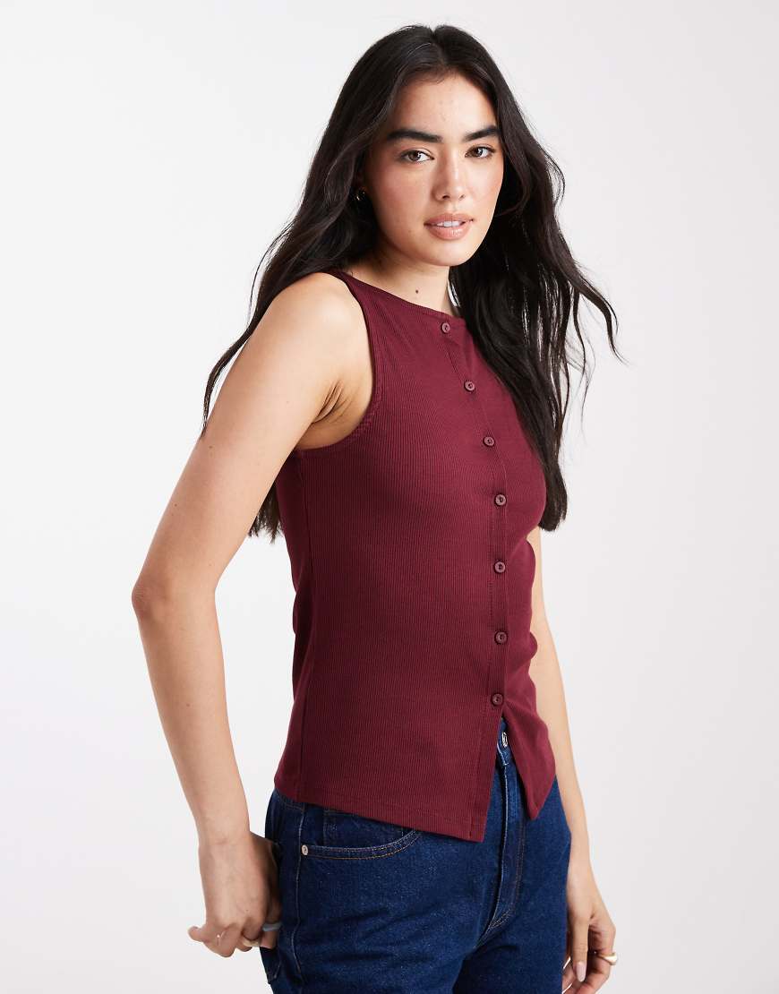 Button through tank top in burgundy-Red