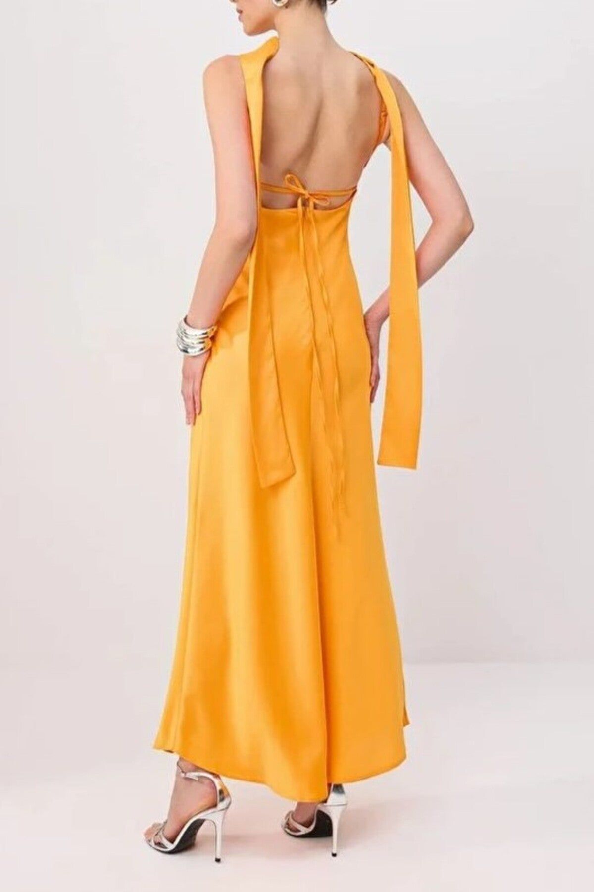 HOXTON GAL Women's Satin Maxi Evening Dress w/ Spaghetti Straps & Shawl Detail in Orange